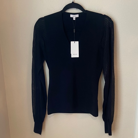 Reiss Tops - NWT Reiss Savannah Black V Neck Sheer Pleated Sleeve Knit Top Size M $240